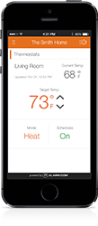 Image of iPhone with thermostat controll using Alarm.com app.